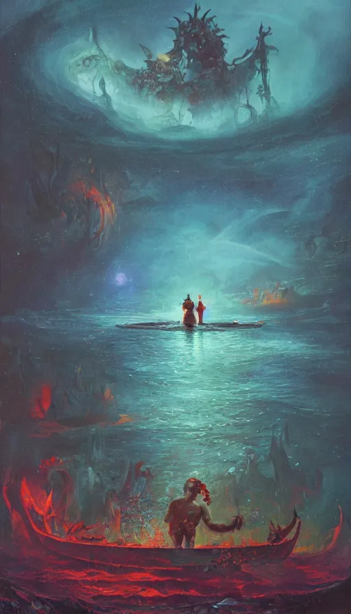 Image similar to man on boat crossing a body of water in hell with creatures in the water, sea of souls, by paul lehr,