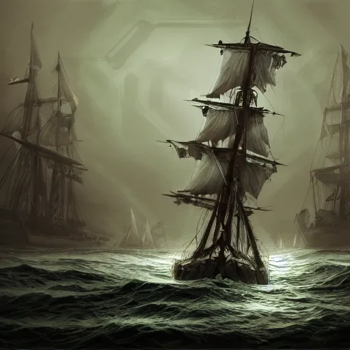 Prompt: sea monster looks like sailing ship deep dark sea, highly detailed, digital painting, smooth, sharp focus, illustration, artstation