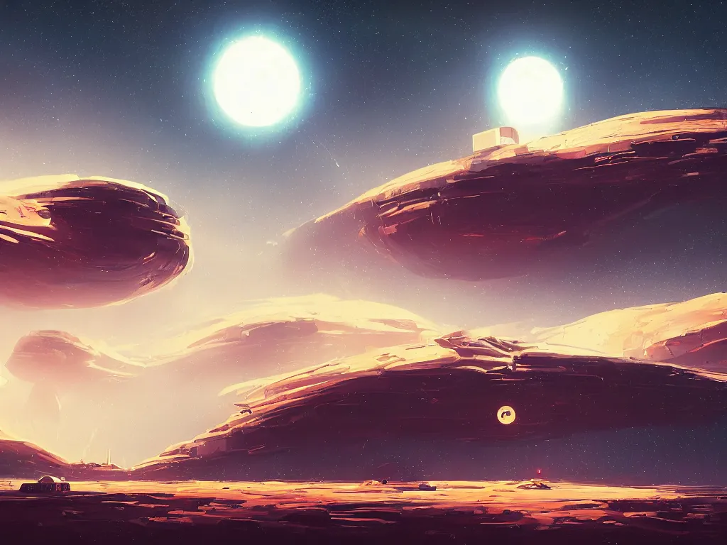 Prompt: a minimalist deep space space station floating next to a stormy desert planet by alena aenami speedart