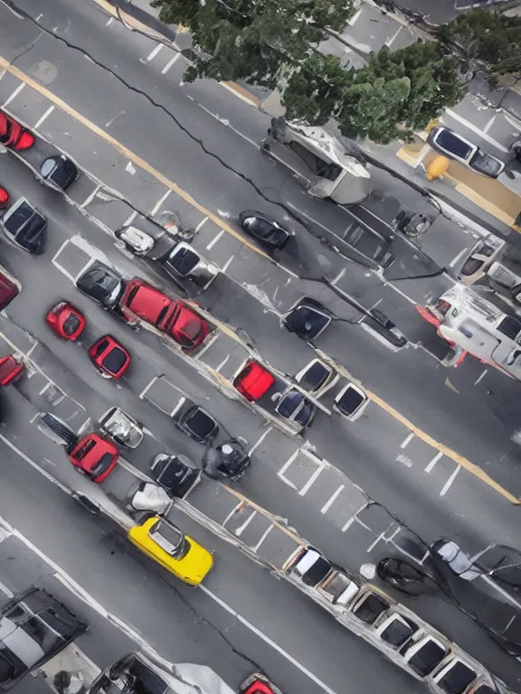 Image similar to traffic blocked by a giant boot. a giant foot stepping down onto the street and blocking cars. drone footage, award - winning photography, photojournalism