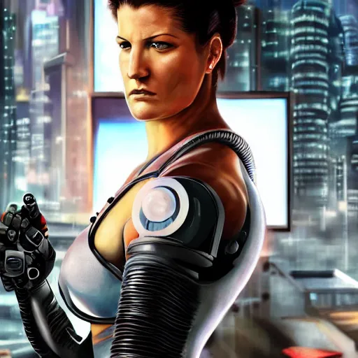 Image similar to beautiful digital painting of gina carano with a robotic arm, cyberpunk, highly detailed, hyperrealism, concept art