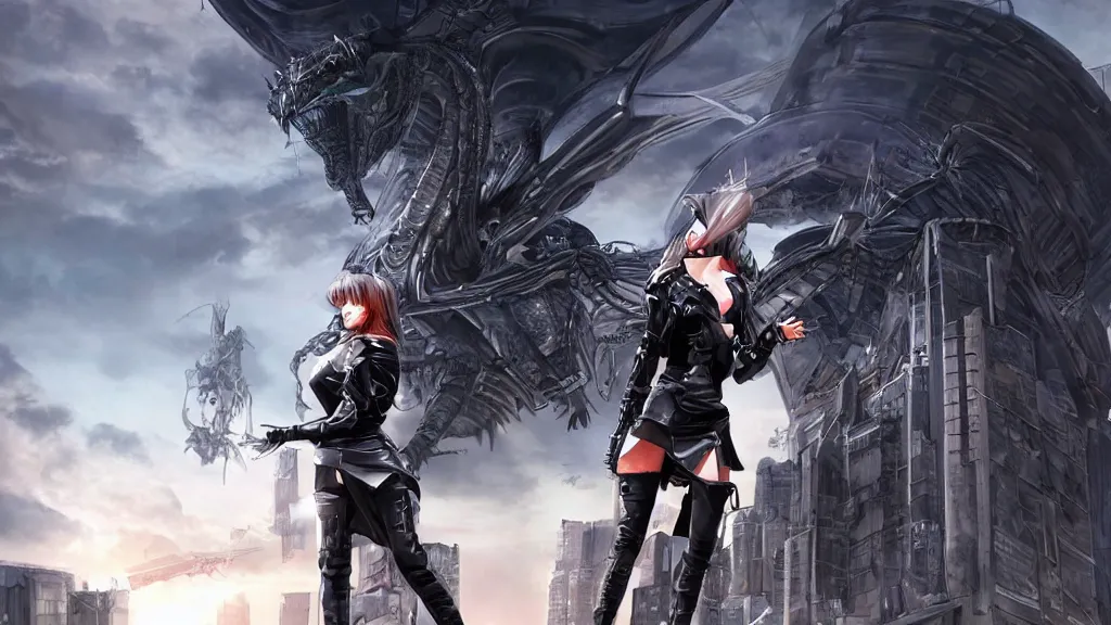 Prompt: modern warrior woman with a cropped jacket and miniskirt and thigh high socks and combat boots riding a mechanical futuristic dragon flying over post apocalyptic skyscraper buildings, daytime, matte painting, like artgerm