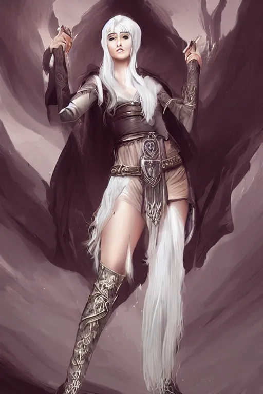 Prompt: a beatiful female elven priestess with white hair wearing thigh high black leather boots, detailed digital art in the style of Charlie Bowater