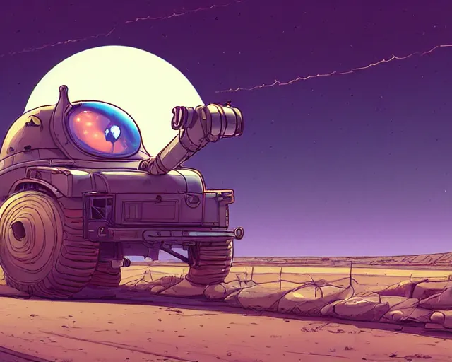 Prompt: a study of cell shaded cartoon of a mechanized snail on a desert road, in front of a big moon illustration, wide shot, muted colors, post grunge, concept art by josan gonzales and wlop, david rubin, mike mignola, laurie greasley, highly detailed, sharp focus, trending on artstation, hq, deviantart, art by artgem