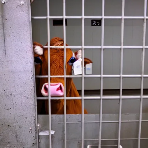 Prompt: mugshot of a cute calf dressed as an inmate inside jail
