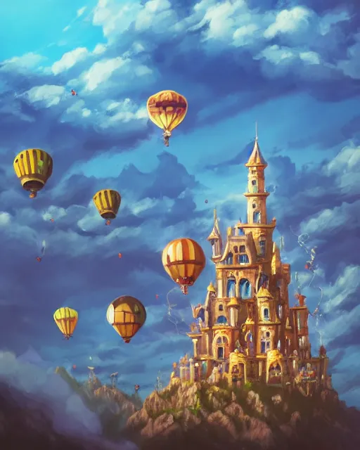 Image similar to flying cloud castle, buildings, baloons, machines, bright, blue sky, mountains, colorful, cinematic lighting, fantasy, high detail, illustration, masterpiece, artstation, 4 k, art by wylie beckert and jana schirmer