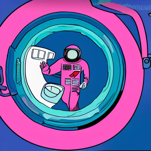 Image similar to Astronaut stuck in a giant washing machine that is washing pink clothes. 8k resolution. Art deco. Pop art.
