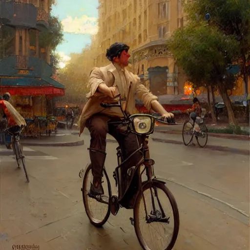 Image similar to uber eats delivery driver on a bicycle, very defined and highly detailed painting by gaston bussiere, j. c. leyendecker, craig mullins 8 k