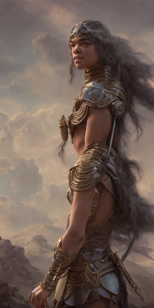 Prompt: tessa thompson, beautiful fantasy warrior princess, dungeons and dragons, masterpiece by edgar maxence and ross tran and michael whelan, gustav dore, 8 k, octane render