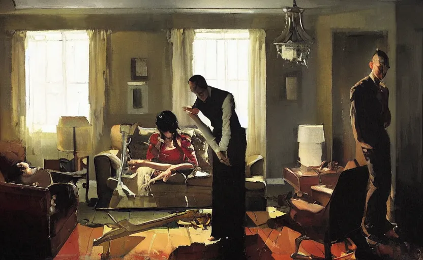 Prompt: a thin man cowers in a corner whilst his wife stands on a coffee table in a dark living room, painted by phil hale and rick berry and norman rockwell and jeremy mann, highly detailed