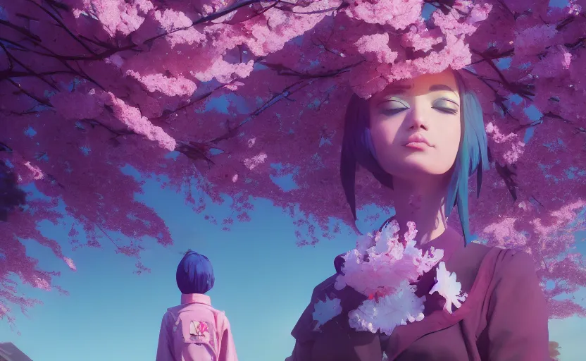 Image similar to queen of cherry blossoms, Low level, rendered by Beeple, Makoto Shinkai, syd meade, simon stålenhag, synthwave style, digital art, unreal engine, WLOP, trending on artstation, 4K UHD image, octane render,