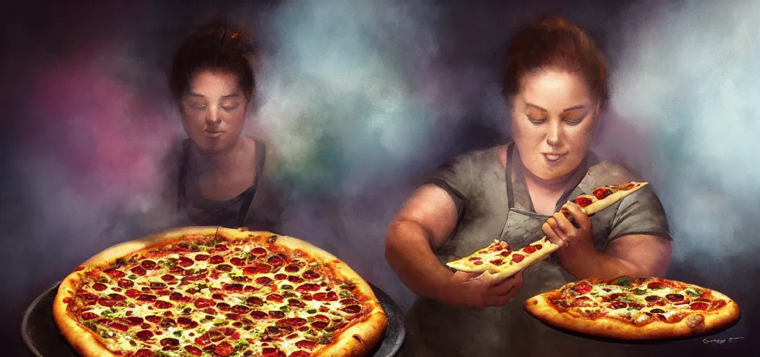 Image similar to a chubby female chef experimenting on a pizza, happy, mysterious, fog, magical, colorful, 8k, james gurney, greg rutkowski, john howe, artstation