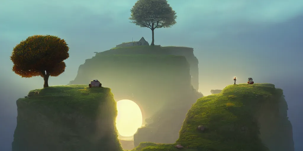 Prompt: a lonely cobblestone street with a tree on a cliff over the sea at sunset, brightly illuminated by rays of sun, by Goro Fujita and Simon Stalenhag , 8k, trending on artstation, hyper detailed, cinematic