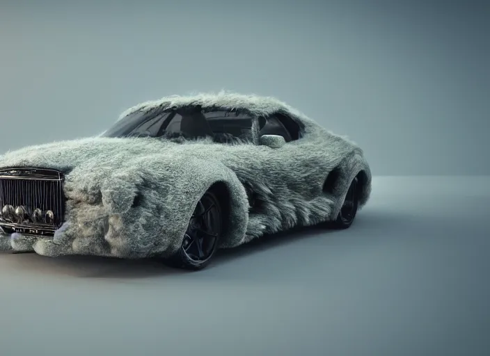 Image similar to hd wallpaper of a car made out of fur, octane render, 8 k, hyperrealistic, unreal 5, intricate detail, cinematic, studio lighting, concept art, trending on artstation