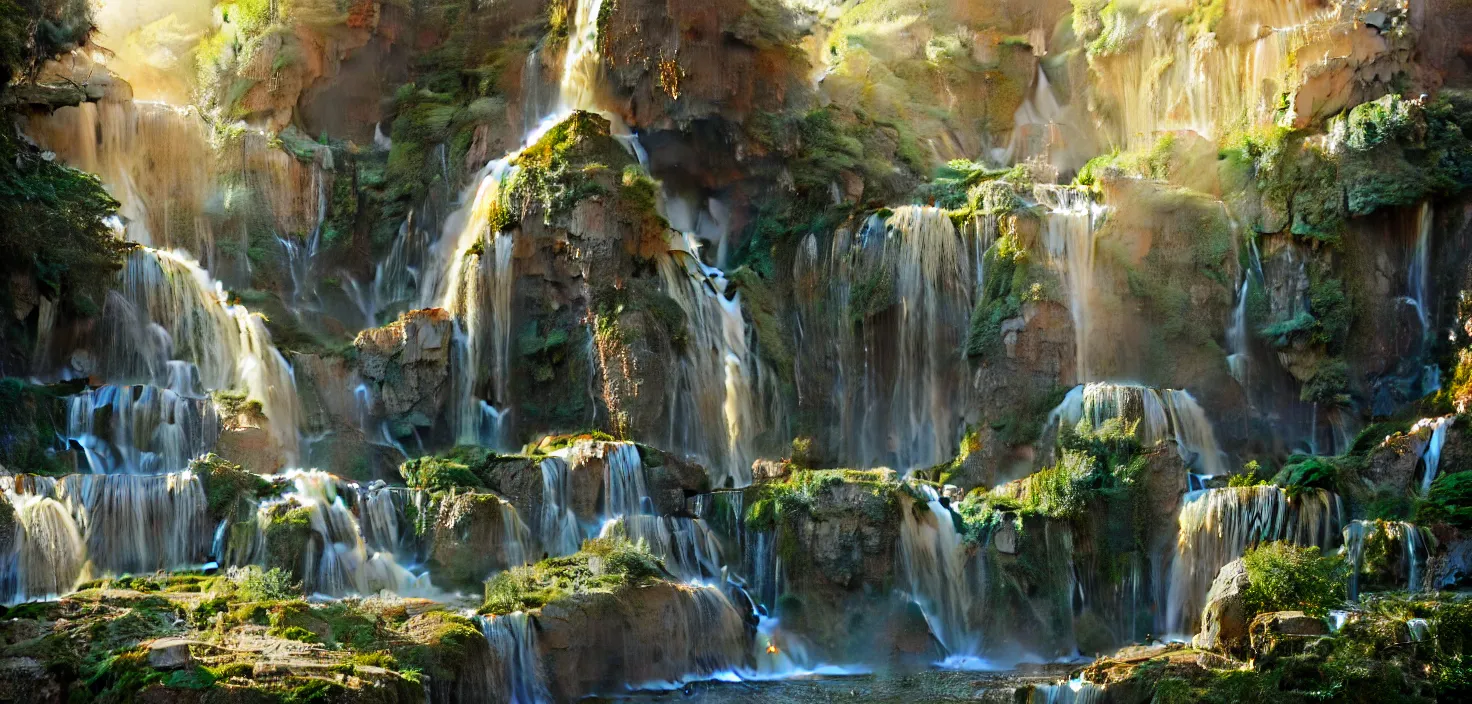 Image similar to beautiful big house waterfall flows down from the mountain, octane render, fabulous, hyper detailed, random cinematic view, no noise, global illumination, warm lighting, volumetric, godrays, vivid, beautiful, by jordan grimmer