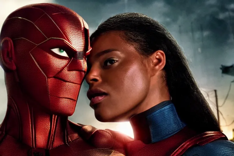 Prompt: movie powerful mutant heroes interracial couple closeup, DC Marvel fashion, VFX powers at night in the city, city street, beautiful skin, natural lighting by Emmanuel Lubezki