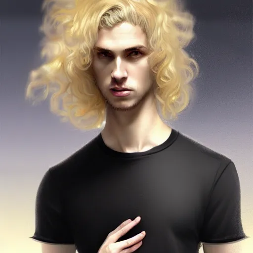 Image similar to A pregnant pale blond young man in a tight black T-shirt, very detailed face, long fluffy curly blond hair, light blond hair, gorgeous, beautiful, intricate, highly detailed, digital painting, artstation, concept art, sharp focus, illustration, art by greg rutkowski and alphonse mucha