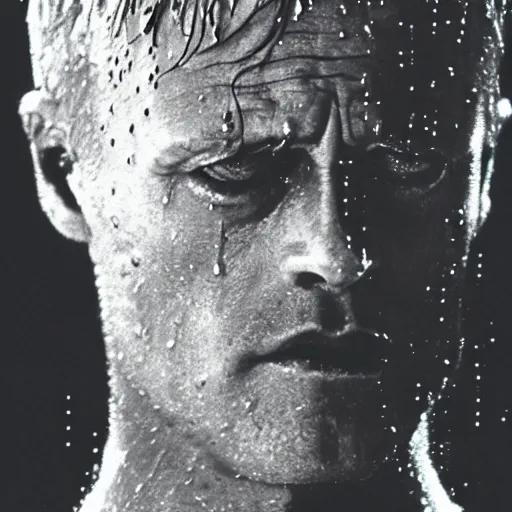 Image similar to a 3 5 mm close up photo of roy batty from blade runner, cyberpunk, head down rain drops on skin, tears in the rain, moody, cinematic, realistic, low light