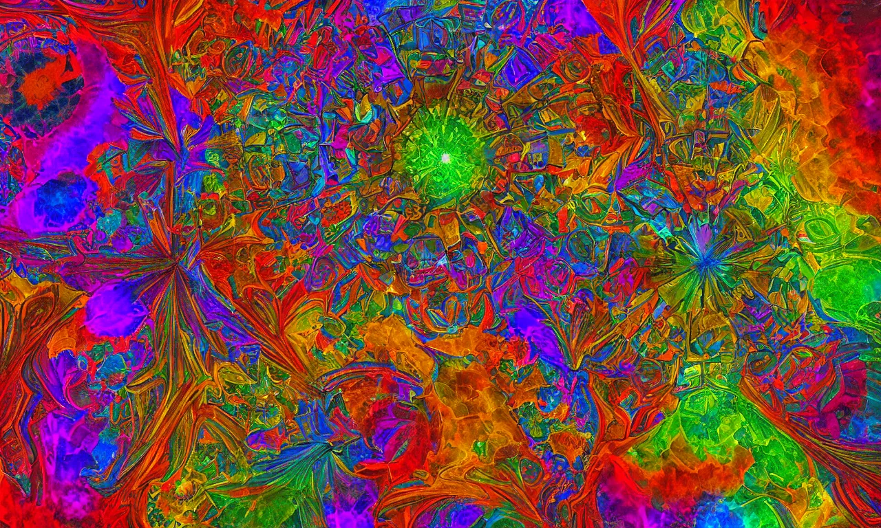 Image similar to acrylics blob voronoi engine laboratory 3 d volume kaleidoscope mandala fractal chakra digital multicolor stylized concept substance liquid nebula stone, a spectacular view cinematic rays of sunlight comic book illustration, by john kirby radiating a glowing aura global illumination ray tracing hdr depth fog overlay multiply photoshop layer