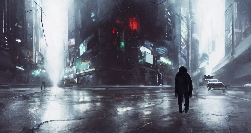 Prompt: gorilla wearing a white jacket walking down a blade runner street looking suspicious, in the andromeda galaxie by ash thorp