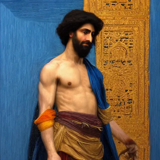 Prompt: orientalist painting of a figure in a blue robe standing in front of a lightning strike in the desert intricate artwork by Fabio Fabbi and john william waterhouse and Edwin Longsden Long and Nasreddine Dinet and Theodore Ralli trending on artstation, very coherent symmetrical artwork high detail 8k