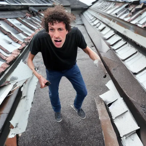 Image similar to photo of 40 year old tall skinny man with curly brown hair destroying a roof