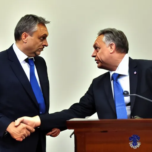 Image similar to Viktor Orban handshake to Andrew Tate, Hyperrealistic, 8k UHG,