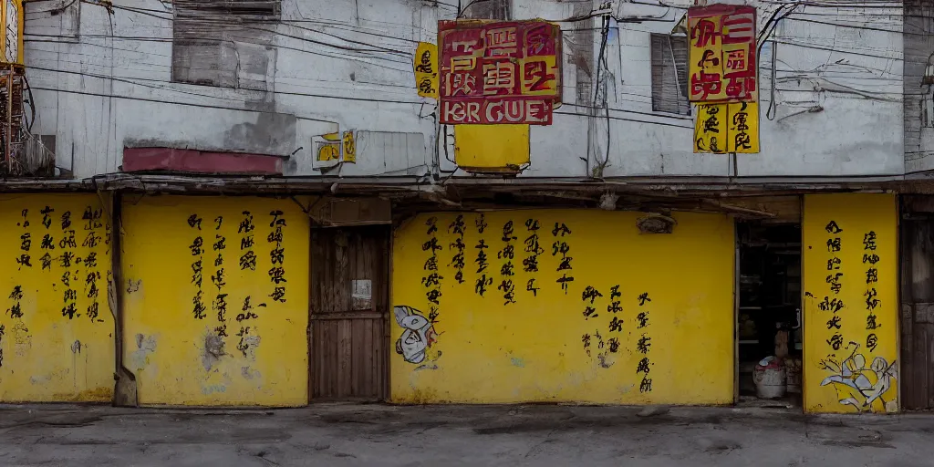 Image similar to an old and abandoned chinese restaurant with a sign saying chen chow and with a yellow wall mural saying open 2 4 hours