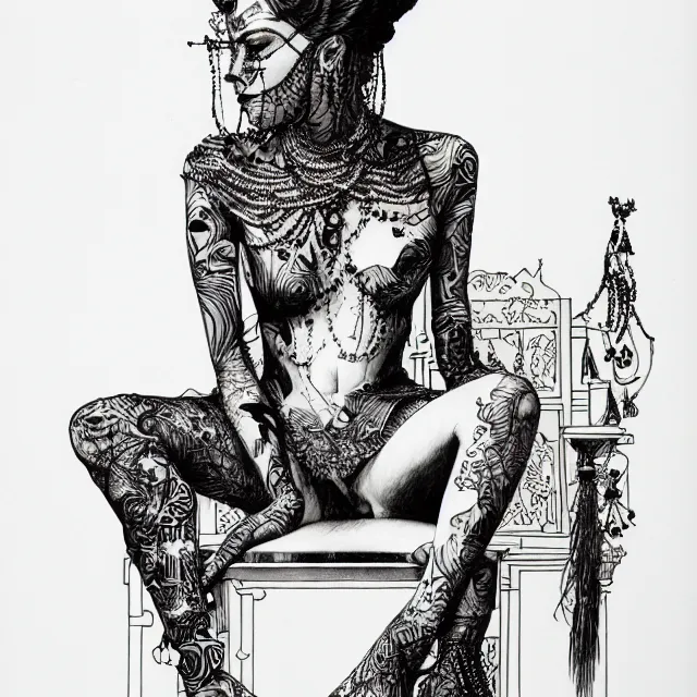 Prompt: salome full figure sitting on throne ink drawing by james jean very detailed high contrast xuan paper