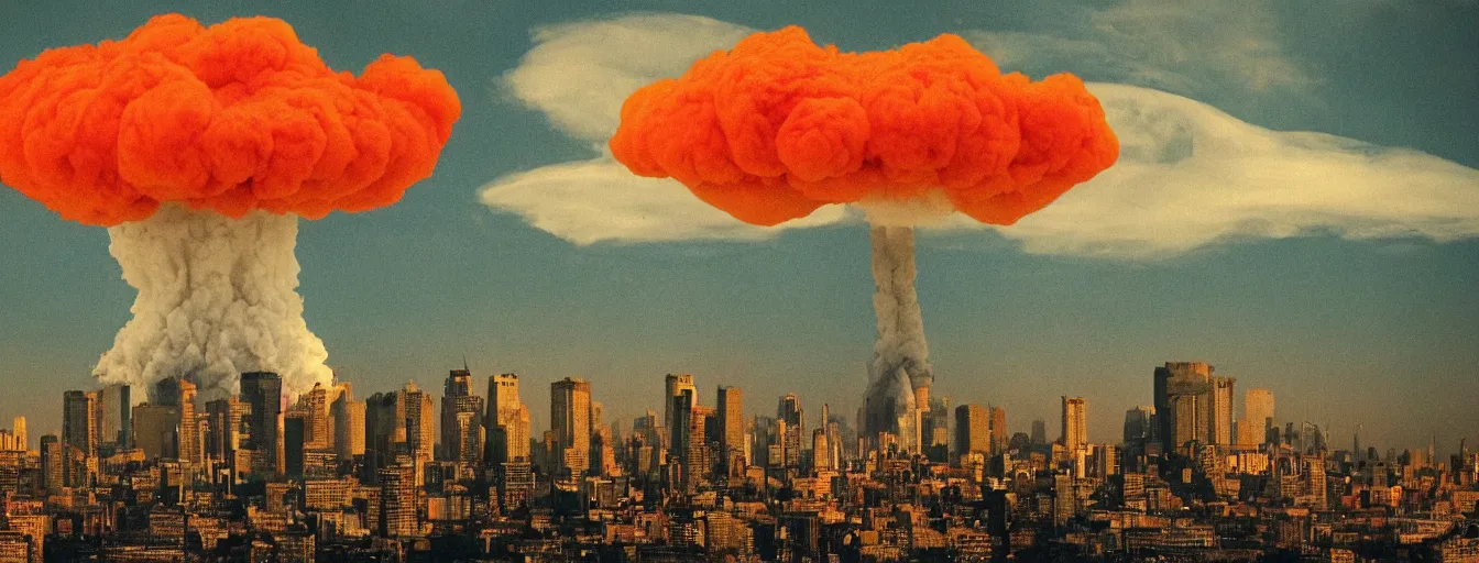 Image similar to end of the world, mushroom cloud in a city