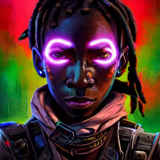 Prompt: a dark and ominous cyborg african child soldier with glowing eyes and dreadlocks, neon graffiti, Apex Legends character digital illustration portrait design, by android jones and greg rutkowski in a cyberpunk voodoo style, retrowave color scheme, detailed, cinematic lighting, wide angle action dynamic portrait