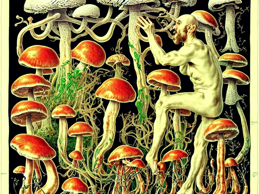 Prompt: human eating yourself with mushrooms, neo surrealism, art by ernst haeckel