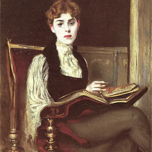 Prompt: young victorian woman in a castle reading a horror book by alfred stevens