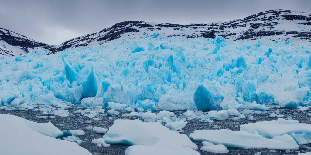 Image similar to polaroid photo of glaciers in iceland, surrounded by snow and ice, bright blue sky