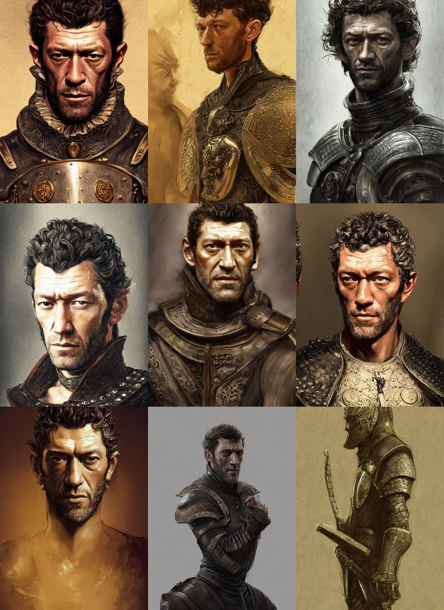 Prompt: vincent cassel with twin, portrait with medieval armor, intricate, elegant, highly detailed, digital painting, artstation, concept art, smooth, sharp focus, illustration, rutkowski, mucha