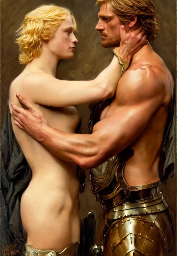 Image similar to attractive handsome muscly jaime lannister confesses his love for attractive fully armored brienne of tarth. highly detailed painting by gaston bussiere and j. c. leyendecker 8 k