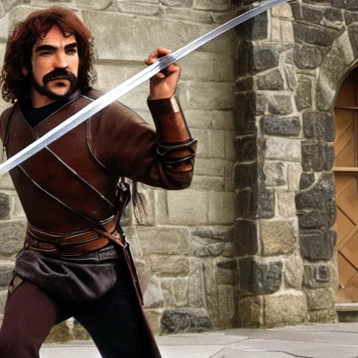 Image similar to inigo montoya swinging his sword photo realistic 4 k, extremely high quality