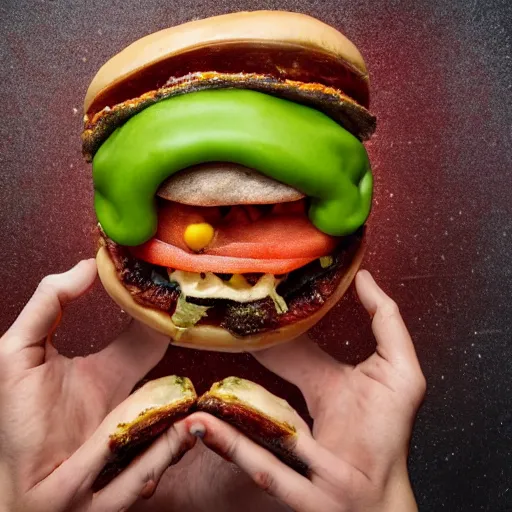 Image similar to a humanoid bipedal upright zombie that strongly resembles a hamburger, professional food photography