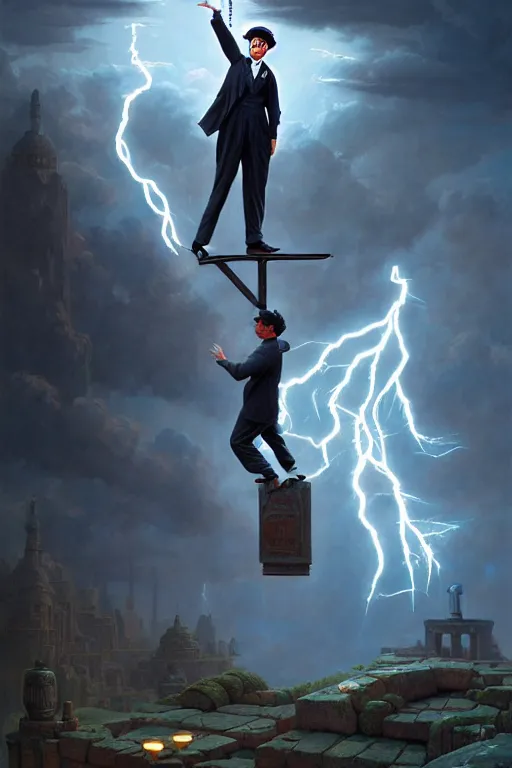 Prompt: highly detailed portrait of charlie chaplin as the god zeus holding thunder, stephen bliss, unreal engine, fantasy art by greg rutkowski, rhads, ferdinand knab, makoto shinkai and lois van baarle, ilya kuvshinov, rossdraws, tom bagshaw, global illumination, radiant light, detailed and intricate environment