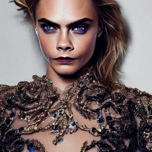 Prompt: Super model Cara delevingne wearing a gown made of flowing plasma ultra high quality extremely intricacies in the level of detail photorealism 8k very beautifully designed