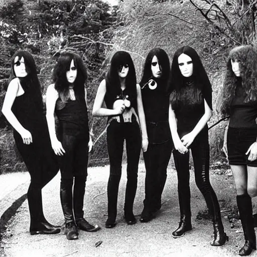 Prompt: group of 2 1 - year - old girls dressed like black sabbath, female rock band, proto - metal, doom metal band promo, 1 9 7 0 photograph