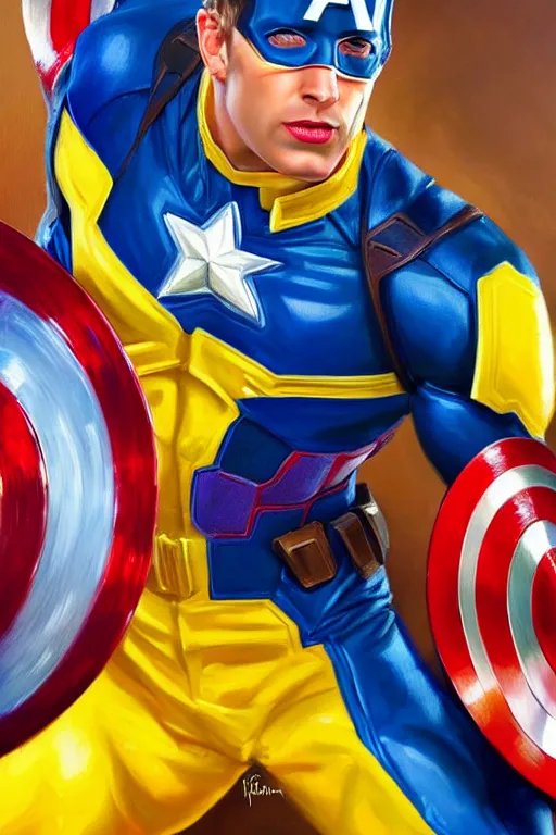 Prompt: hyperrealistic painting of Captain America in blue and yellow colors, oil on canvas, in the style of J.C. Leyendecker, Ross Tran and WLOP, 4k, smooth, sharp focus, extremelydetailed