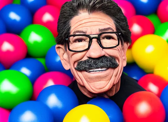 Image similar to photo still of geraldo rivera in a ball pit!!!!!!!! at age 6 6 years old 6 6 years of age!!!!!!!! hiding from parents, 8 k, 8 5 mm f 1. 8, studio lighting, rim light, right side key light