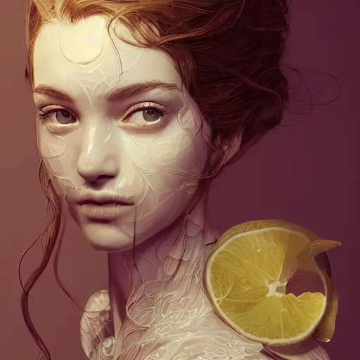 Image similar to the portrait of an absurdly beautiful, graceful, elegant, sophisticated, young girl made up of lemons, an ultrafine hyperdetailed illustration by kim jung gi, irakli nadar, intricate linework, bright colors, octopath traveler, final fantasy, unreal engine 5 highly rendered, global illumination, radiant light, detailed and intricate environment