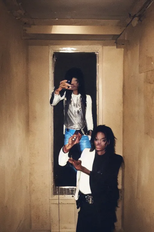 Prompt: Michael Jackson taking a selfie in the backrooms, liminal spaces, backrooms background, selfie photo,