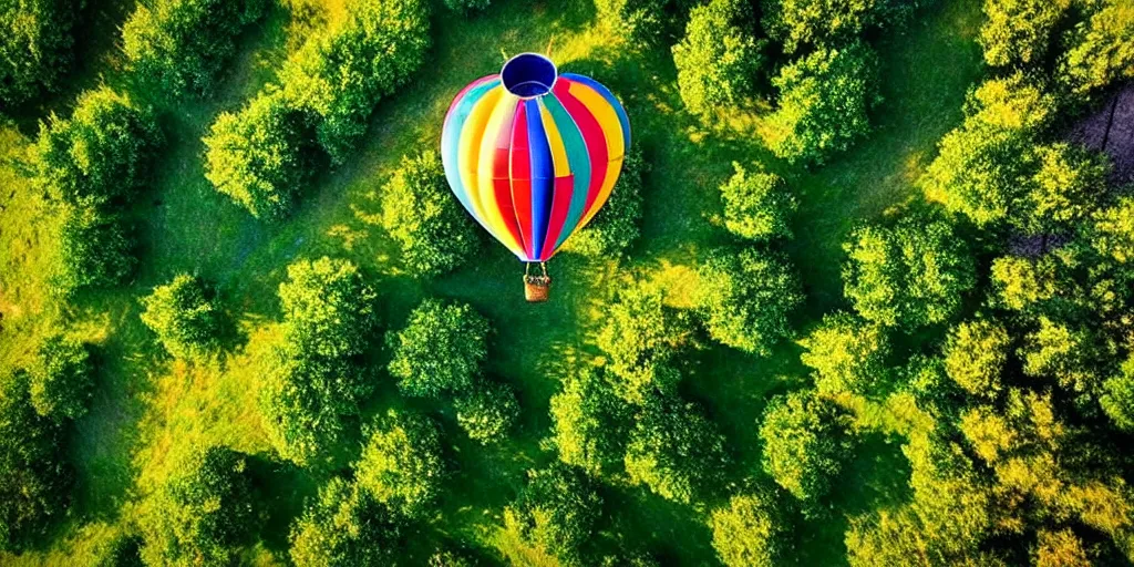 Image similar to hot air balloon, beautiful landscape, bird's eye view