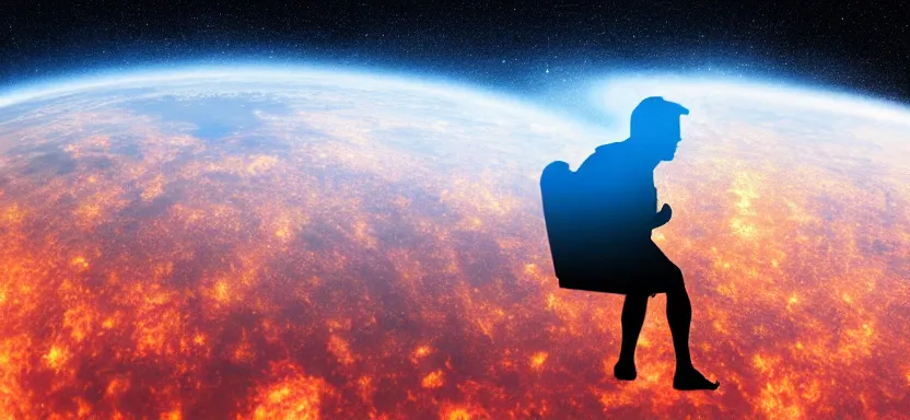 Prompt: silhouette of a man floating inside a burning sun in outer space, digital art, extreme detail