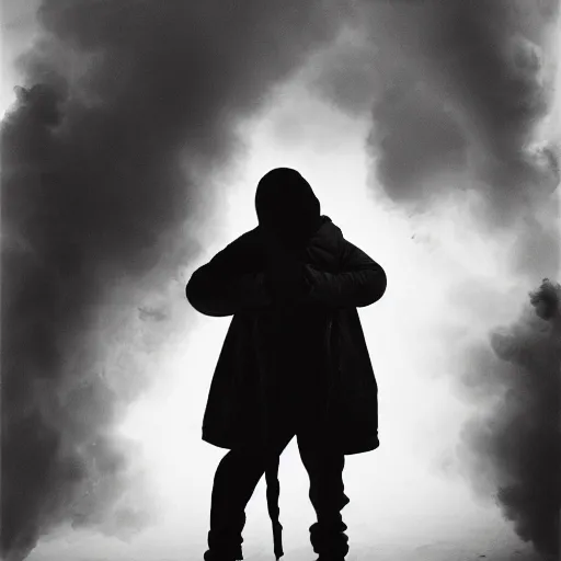 Image similar to an intimate portrait of a teenager wearing a black balaclava in a tear gas cloud, facing camera, emotionnal, smoke, riot, black block, photojournalism, f 2, nikon, studio portrait, bokeh, sharp focus, haze, volumetric lighting, intense, eerie, by annie leibovitz, visa pour l'image, prix nadar