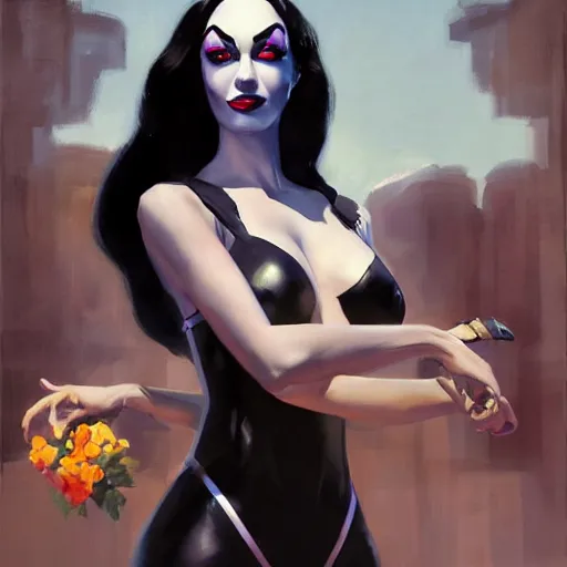 Image similar to greg manchess portrait painting of partially armored morticia from addams family as overwatch character, medium shot, asymmetrical, profile picture, organic painting, sunny day, matte painting, bold shapes, hard edges, street art, trending on artstation, by huang guangjian and gil elvgren and brom