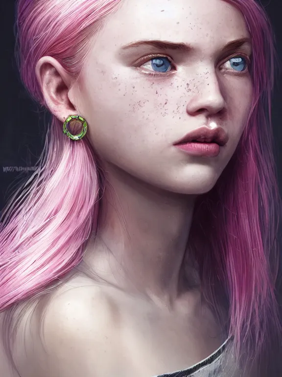 Image similar to beautiful russian girl with cute freckles and short faintly colored in pink hair and septum piercing, thin round earrings, winds of winter, au naturel, hyper detailed, digital art, trending in artstation, cinematic lighting, studio quality, smooth render, octane rendered, concept art, sharp focus, illustration, art by artgerm and greg rutkowski and wlop